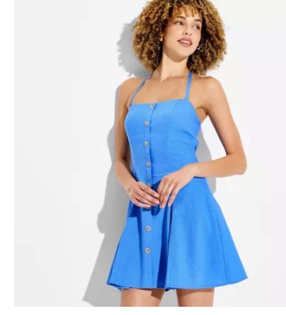 Women's Button-Front Halter Mini A-Line Dress - Wild Fable™ Blue S : ,